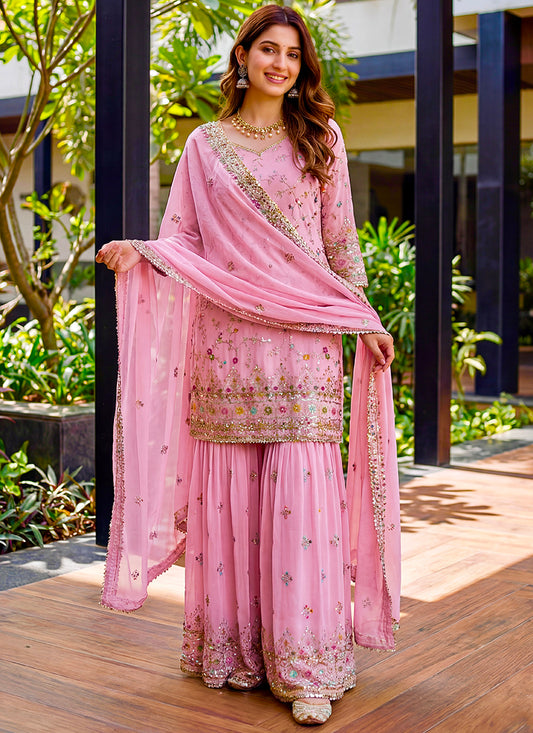 Pink Faux Georgette  Sequins Work  Occasional Wear Readymade Sharara Suit SW544305