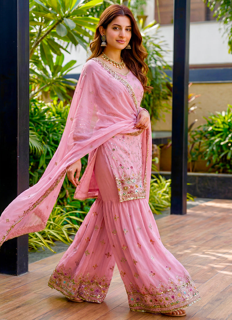 Pink Faux Georgette  Sequins Work  Occasional Wear Readymade Sharara Suit SW544305