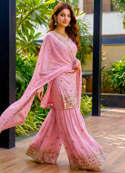 Pink Faux Georgette  Sequins Work  Occasional Wear Readymade Sharara Suit SW544305