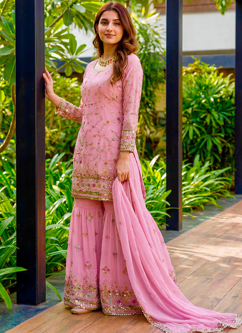Pink Faux Georgette  Sequins Work  Occasional Wear Readymade Sharara Suit SW544305
