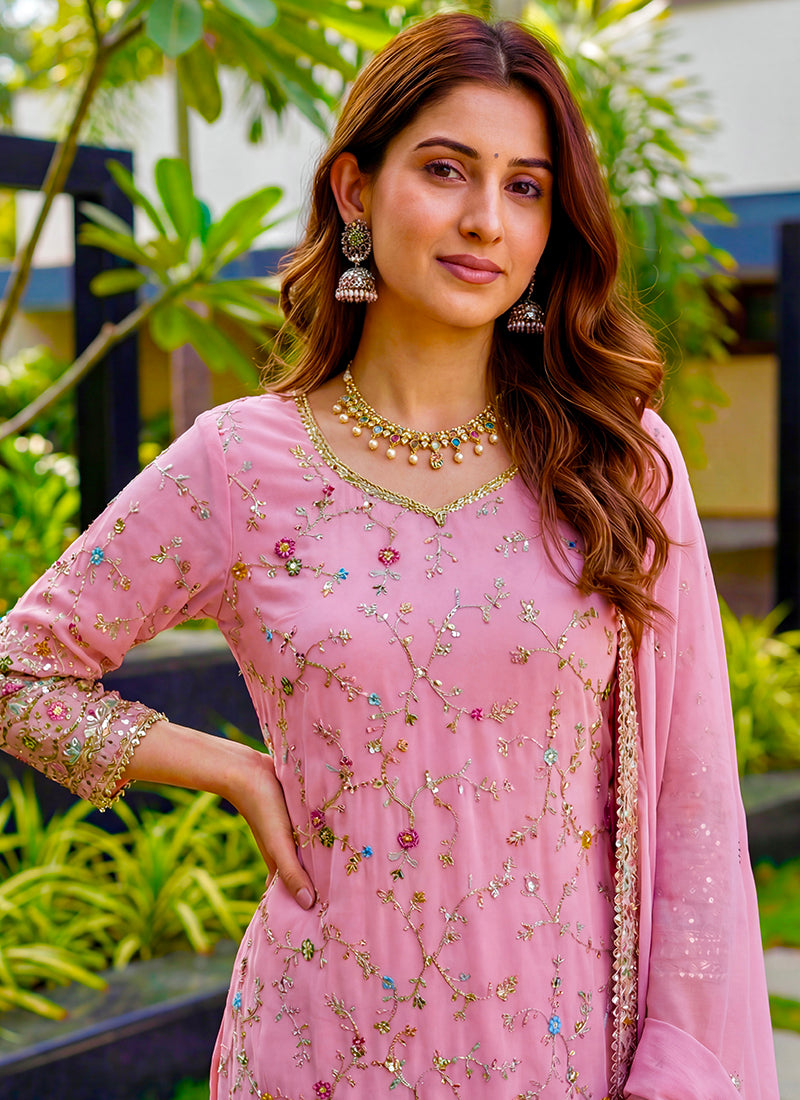 Pink Faux Georgette  Sequins Work  Occasional Wear Readymade Sharara Suit SW544305