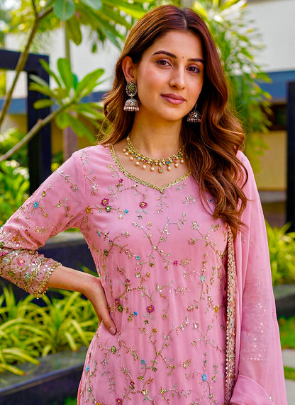 Pink Faux Georgette  Sequins Work  Occasional Wear Readymade Sharara Suit SW544305