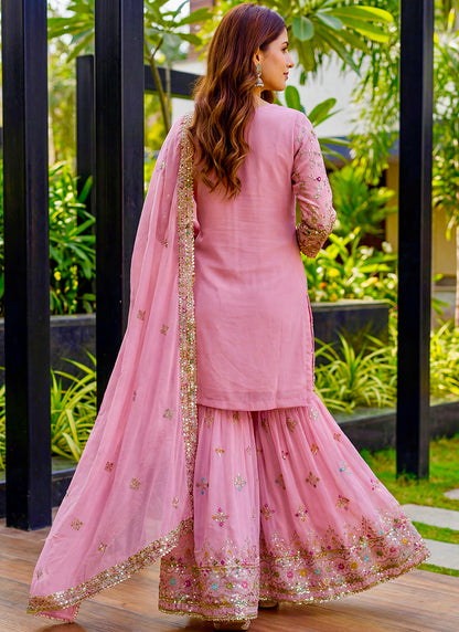 Pink Faux Georgette  Sequins Work  Occasional Wear Readymade Sharara Suit SW544305
