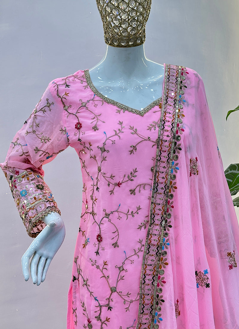 Pink Faux Georgette  Sequins Work  Occasional Wear Readymade Sharara Suit SW544305