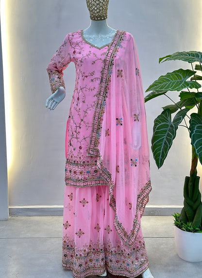 Pink Faux Georgette  Sequins Work  Occasional Wear Readymade Sharara Suit SW544305