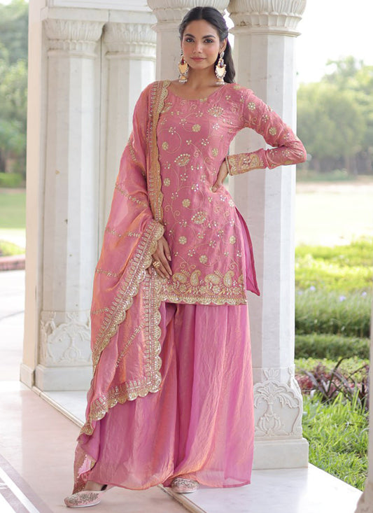 Fendi Fabric Pink Festival Wear Sequins Embroidery Work Readymade Plazzo Suit 387290