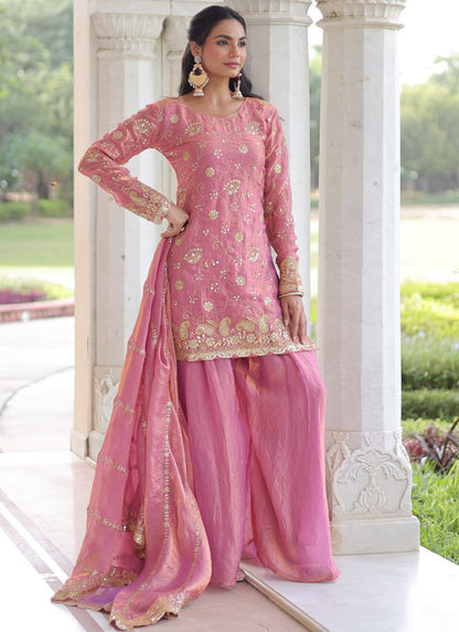 Fendi Fabric Pink Festival Wear Sequins Embroidery Work Readymade Plazzo Suit 387290