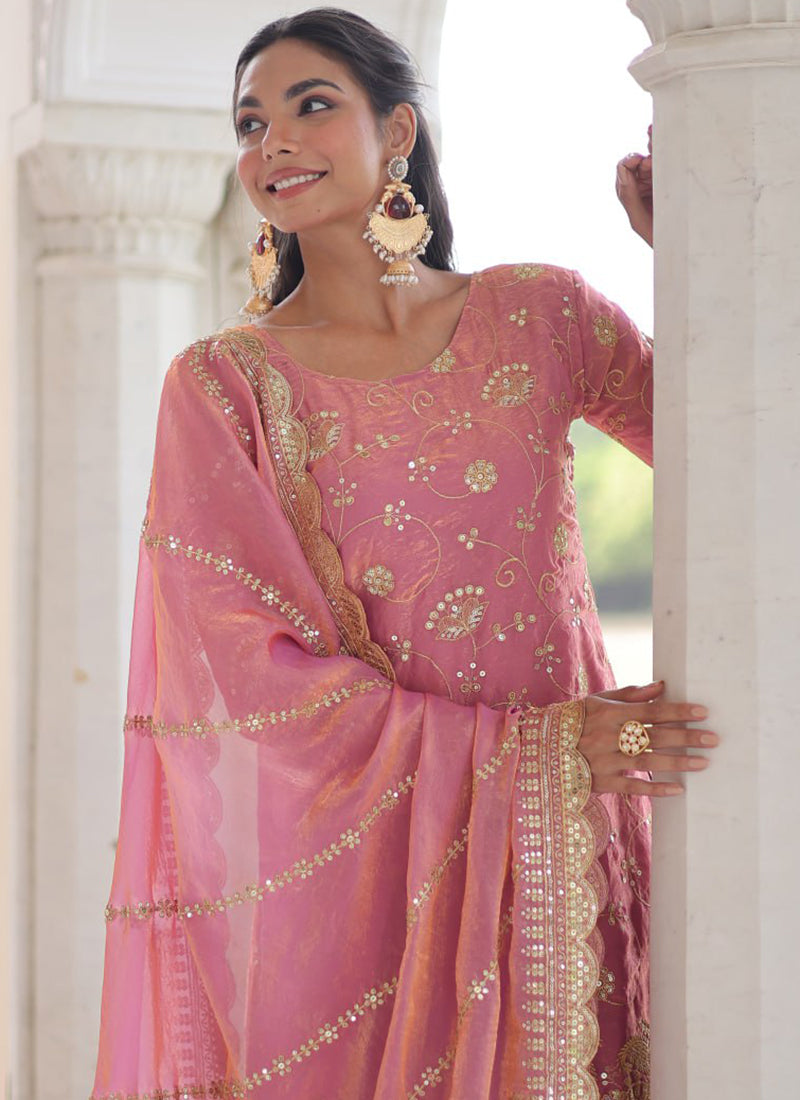 Fendi Fabric Pink Festival Wear Sequins Embroidery Work Readymade Plazzo Suit 387290