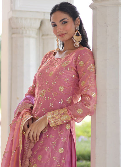 Fendi Fabric Pink Festival Wear Sequins Embroidery Work Readymade Plazzo Suit 387290