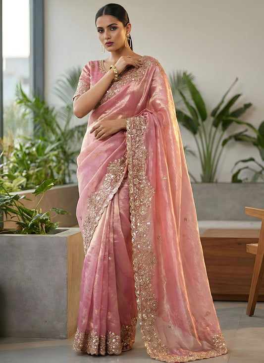 Pink Fendy Satin Silk Zari Embroidery Work Wedding Wear Wedding Saree SW788267