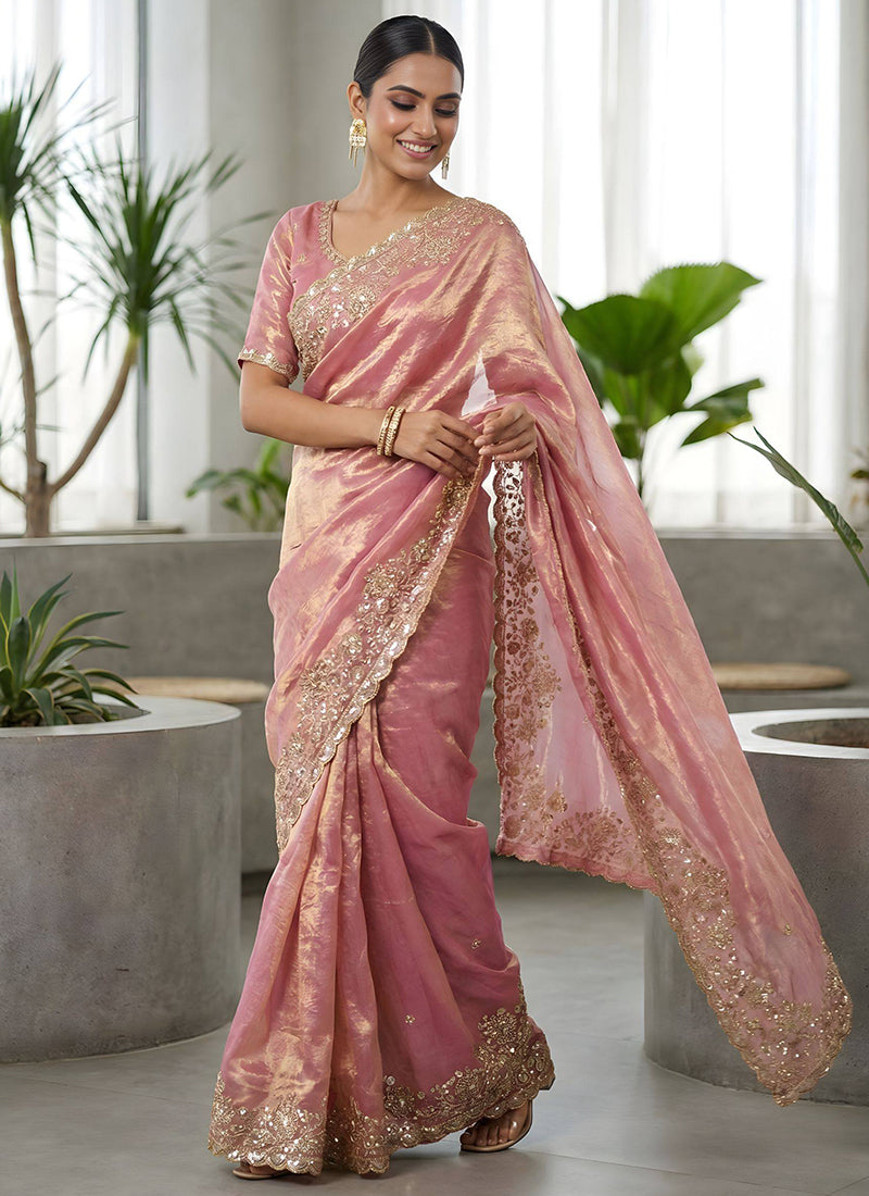 Pink Fendy Satin Silk Zari Embroidery Work Wedding Wear Wedding Saree SW788267