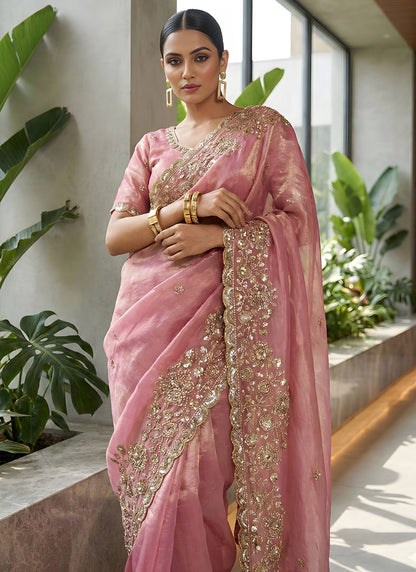 Pink Fendy Satin Silk Zari Embroidery Work Wedding Wear Wedding Saree SW788267