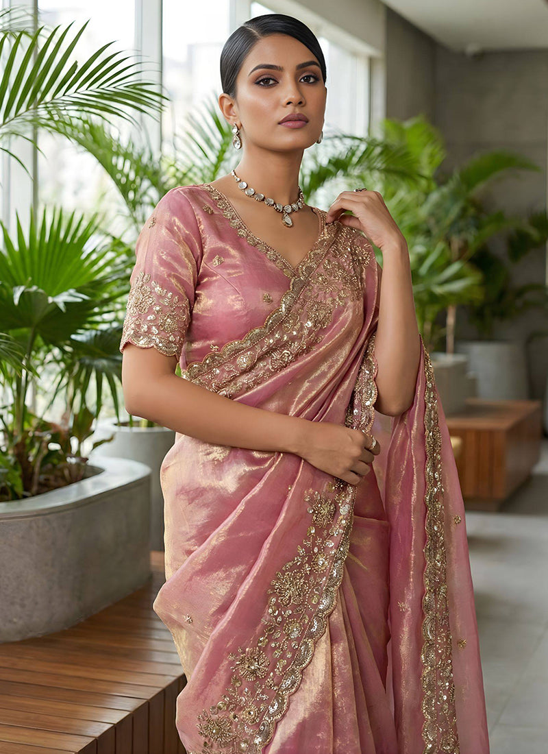 Pink Fendy Satin Silk Zari Embroidery Work Wedding Wear Wedding Saree SW788267