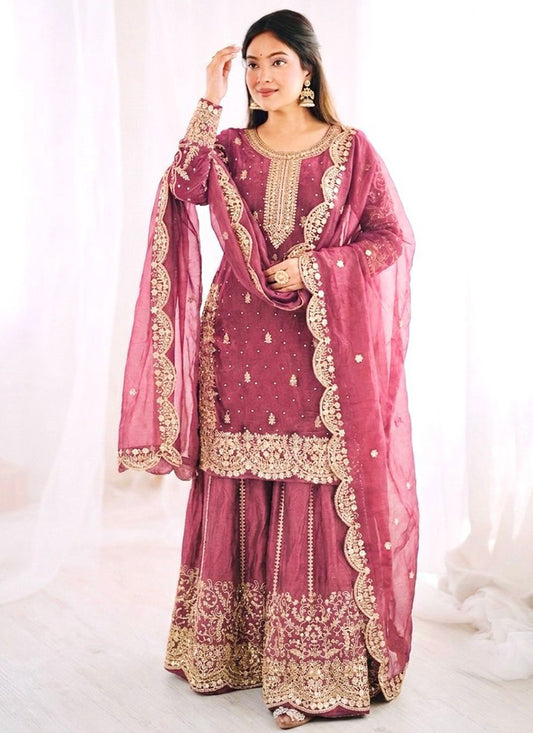 Pink Fendy Silk Embroidery Work Occasional Wear Readymade Plazzo Suit SW526794