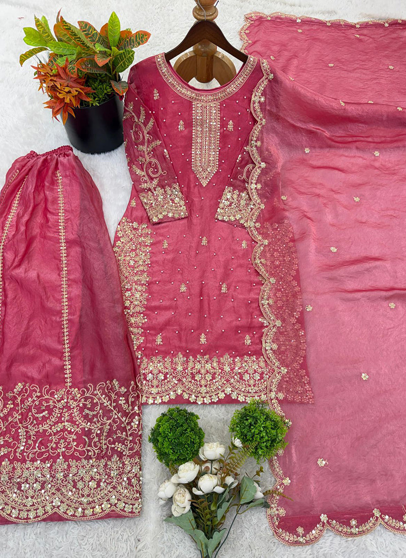Pink Fendy Silk Embroidery Work Occasional Wear Readymade Plazzo Suit SW526794