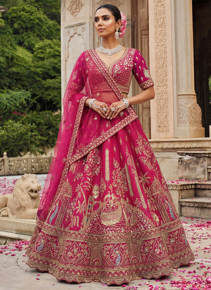 Pink Gadhwal Silk Zari Embroidery Work Bridal Wear Bridal Lehenga Choli SW250213