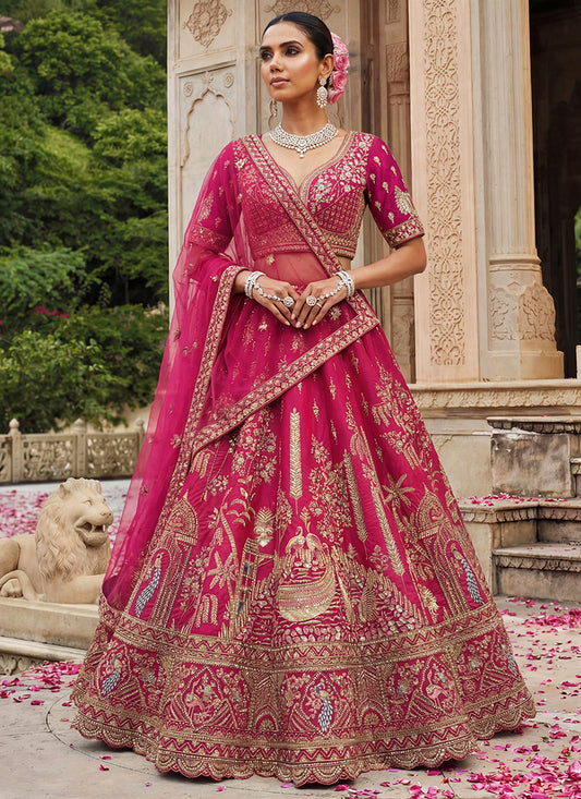 Pink Gadhwal Silk Zari Embroidery Work Bridal Wear Bridal Lehenga Choli SW250213