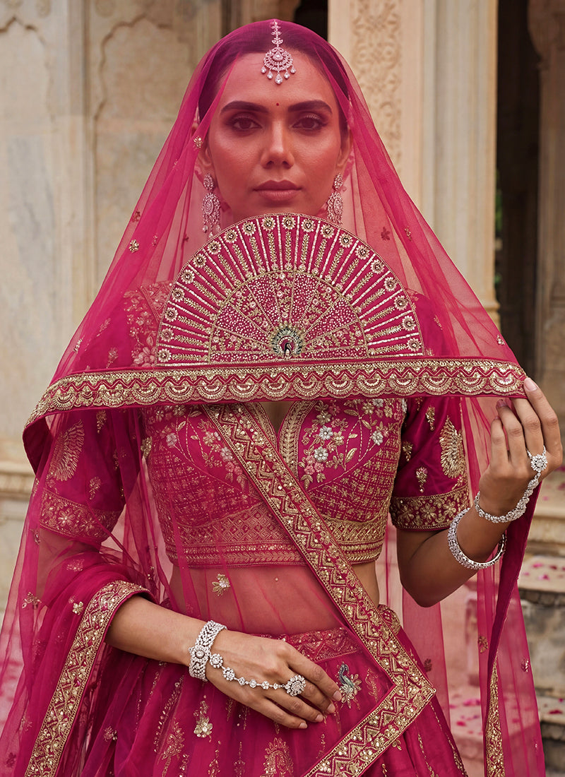 Pink Gadhwal Silk Zari Embroidery Work Bridal Wear Bridal Lehenga Choli SW250213