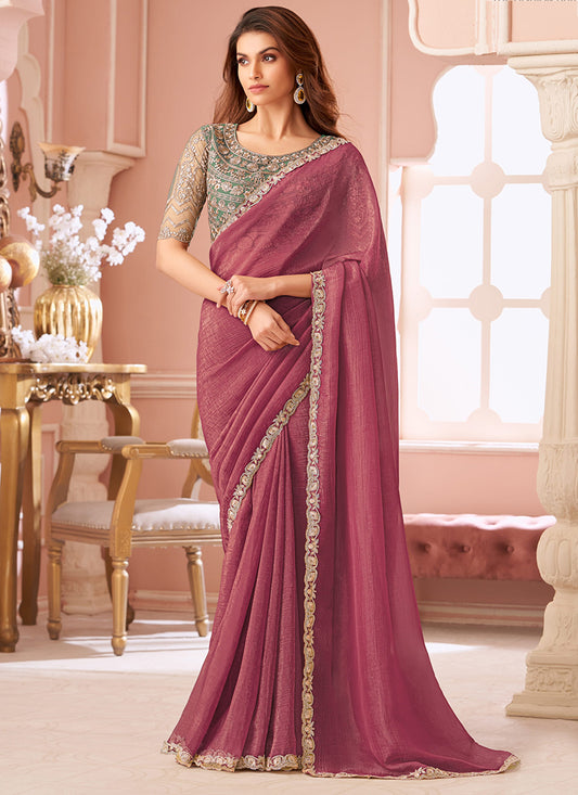 Georgette Pink Saree with Border Work for Festival Wear 381877