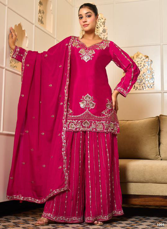 Pink Georgette Embroidery Work Occasional Wear Readymade Plazzo Suit SW449155