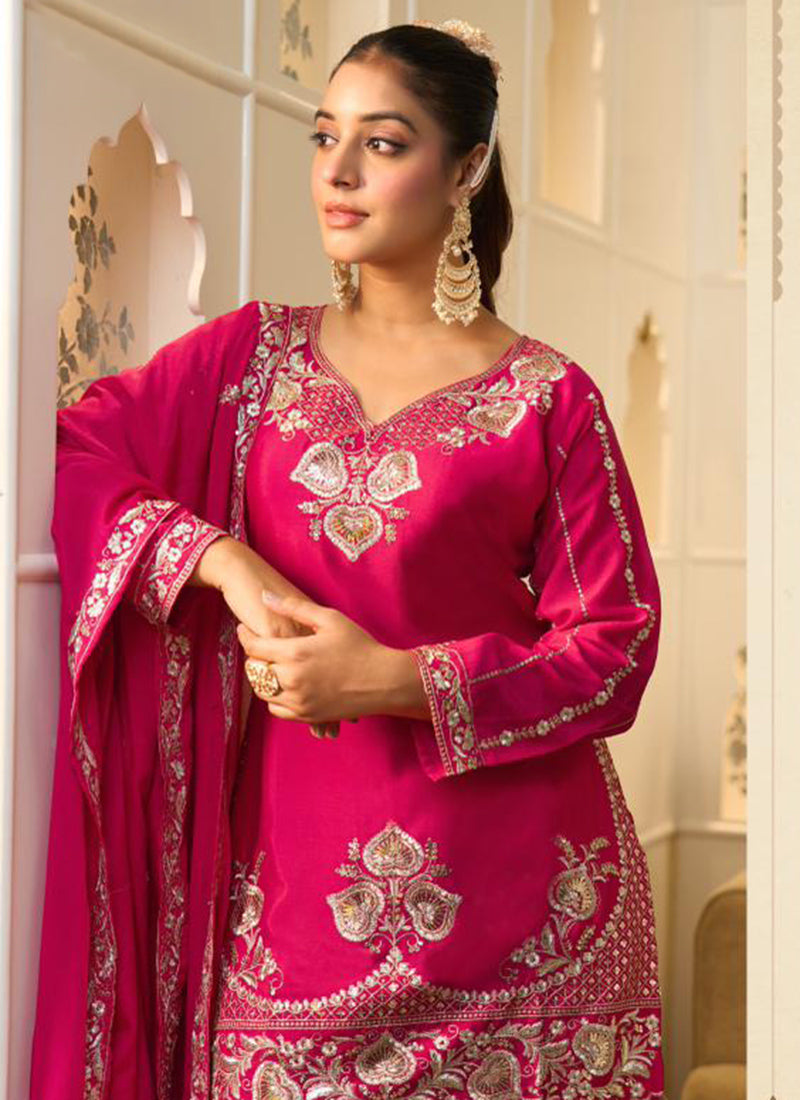 Pink Georgette Embroidery Work Occasional Wear Readymade Plazzo Suit SW449155