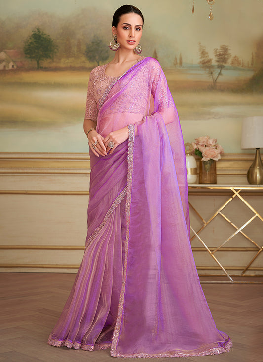 Georgette Pink Party Wear Embroidery Work Saree 386397