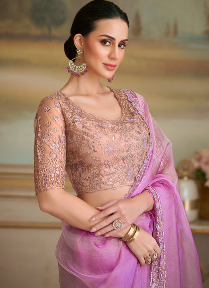 Georgette Pink Party Wear Embroidery Work Saree 386397