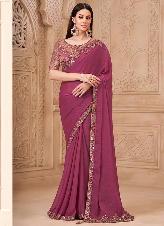 Georgette Pink Party Wear Embroidery Work Saree 385722