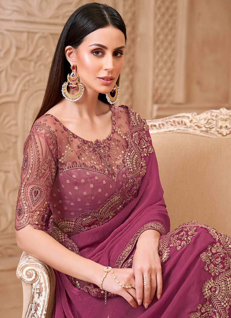 Georgette Pink Party Wear Embroidery Work Saree 385722