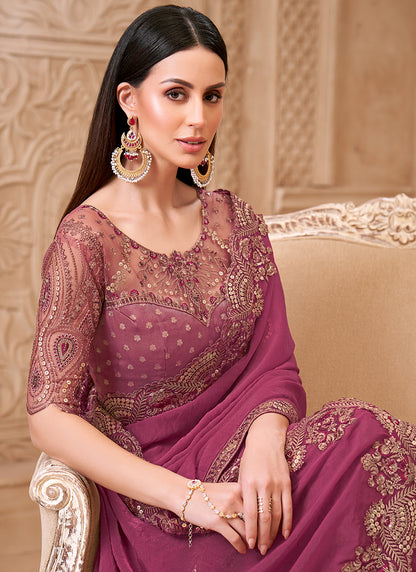 Georgette Pink Party Wear Embroidery Work Saree 385722