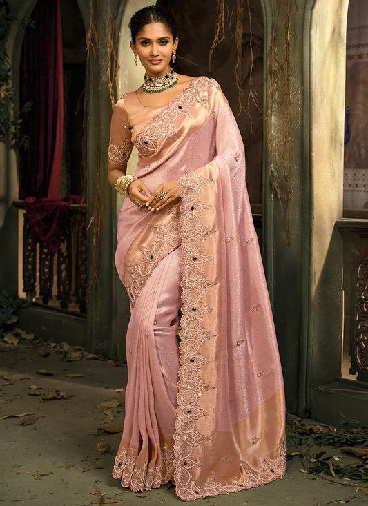 Pink Giraffe Silk Embroidery Work Wedding Wear Wedding Saree SW415064