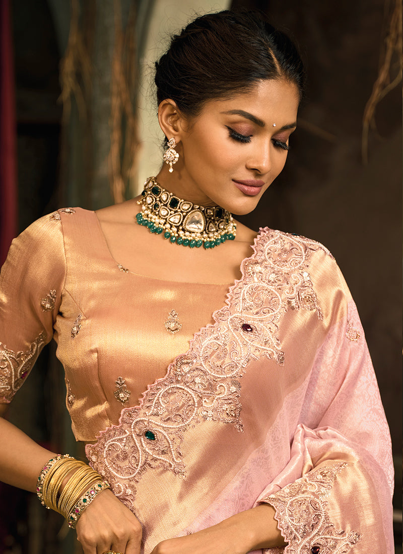 Pink Giraffe Silk Embroidery Work Wedding Wear Wedding Saree SW415064