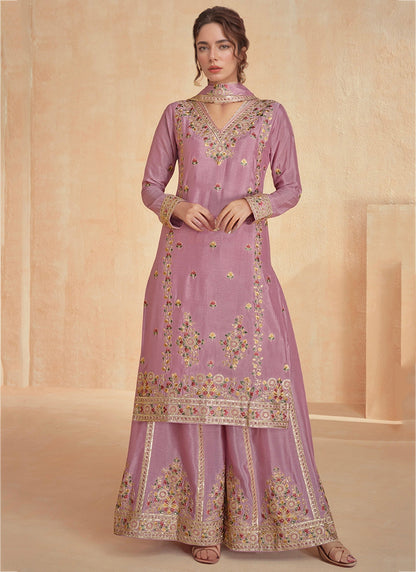Heavy Chinon Pink Eid Wear Embroidery Work Pakistani Suit 387292