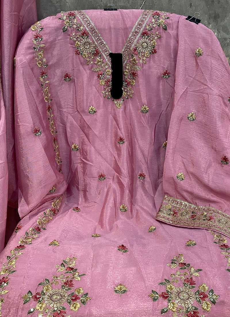 Heavy Chinon Pink Eid Wear Embroidery Work Pakistani Suit 387292