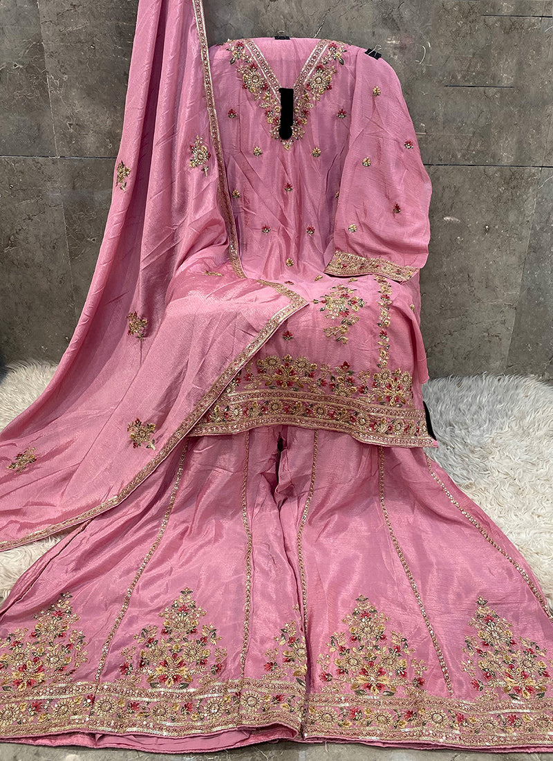Heavy Chinon Pink Eid Wear Embroidery Work Pakistani Suit 387292