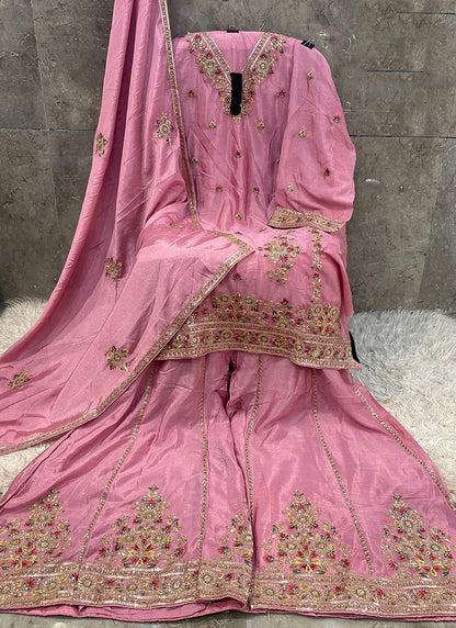 Heavy Chinon Pink Eid Wear Embroidery Work Pakistani Suit 387292