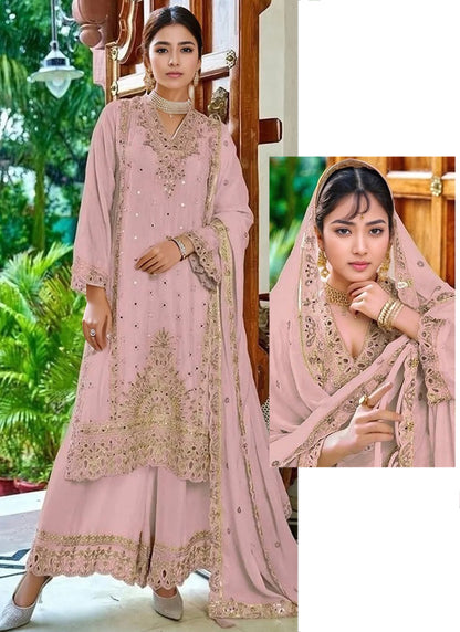 Heavy Chinon Pink Eid Wear Zari Work Readymade Pakistani Suit 388114