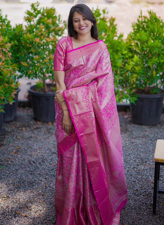 Kanchipuram Silk Pink Festive Wear Weaving Work Saree 386357