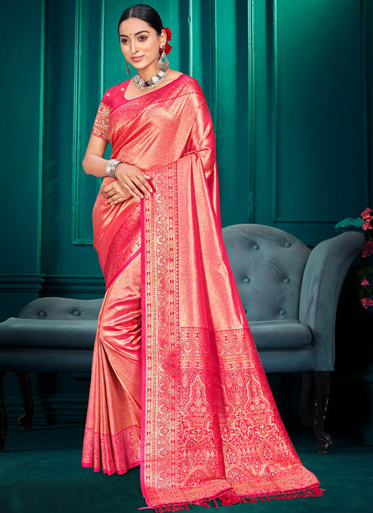 Kanjivaram Silk Pink Festival Wear Weaving Work Saree 387999