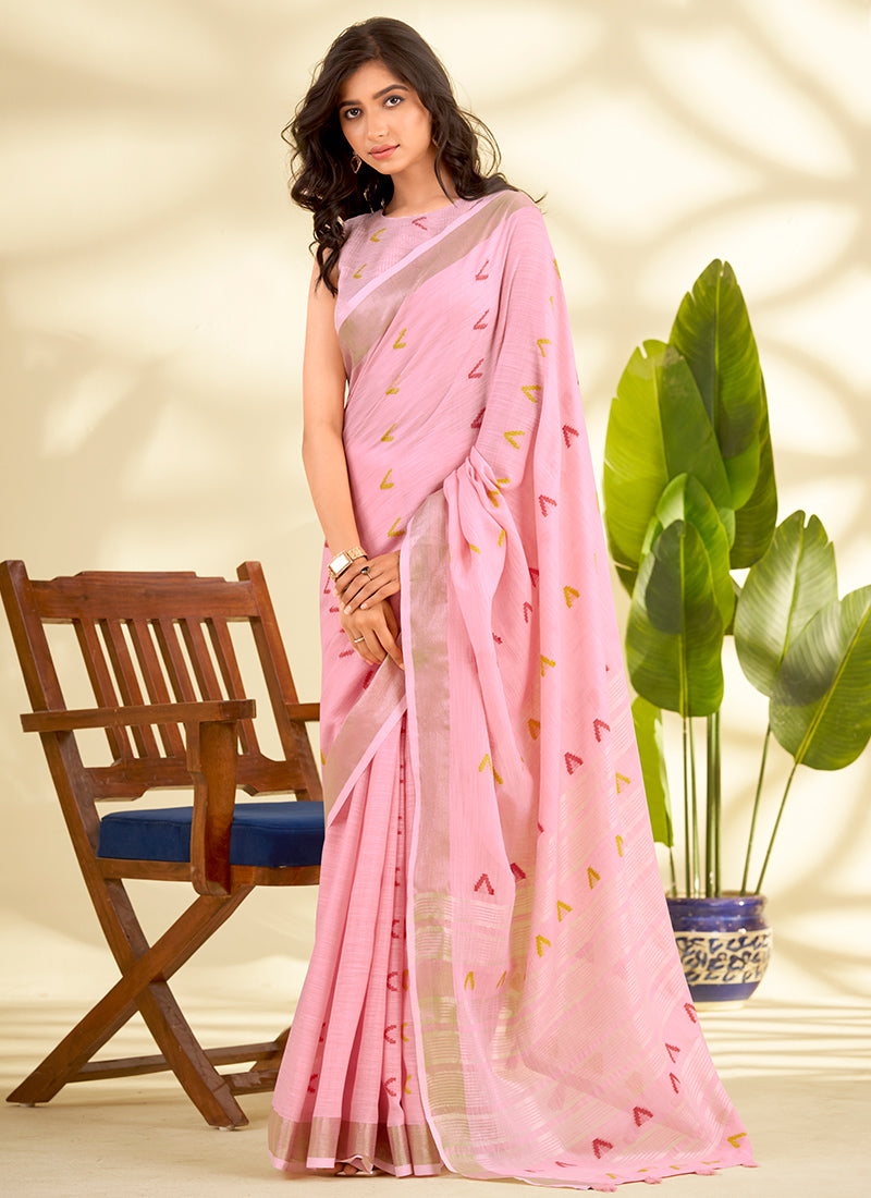 Linen Silk Pink Saree with Zari Work for Daily Wear 381648