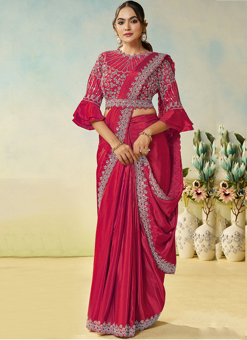 Pink Natural Satin Silk Sequin Work Party Wear Ready To Wear Saree SW283571