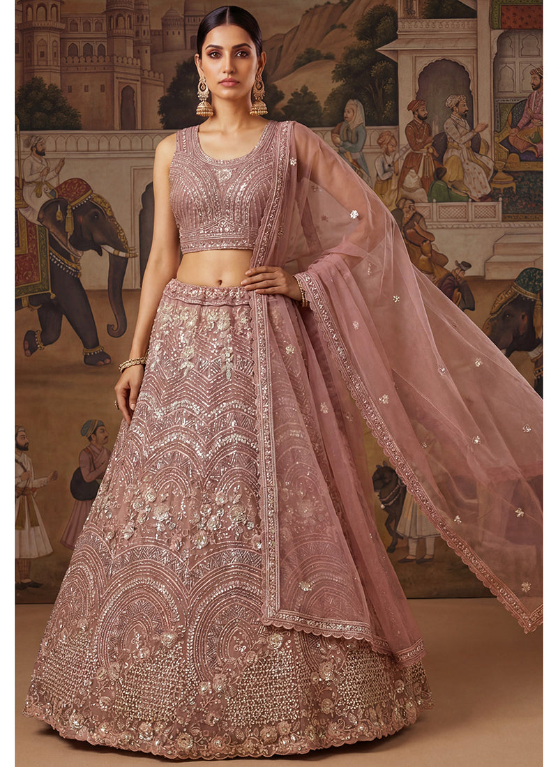 Pink Net Sequins Work Bridal Wear Lehenga Choli SW636099