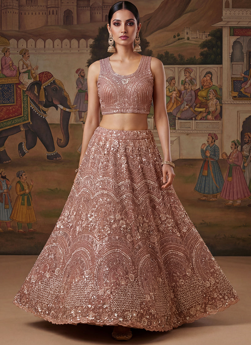 Pink Net Sequins Work Bridal Wear Lehenga Choli SW636099