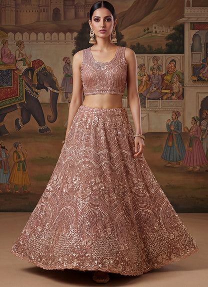 Pink Net Sequins Work Bridal Wear Lehenga Choli SW636099
