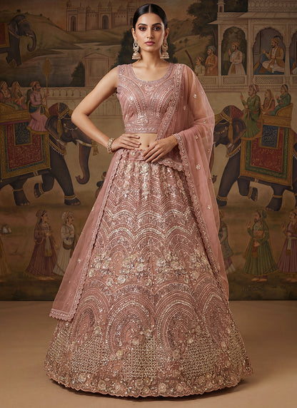 Pink Net Sequins Work Bridal Wear Lehenga Choli SW636099