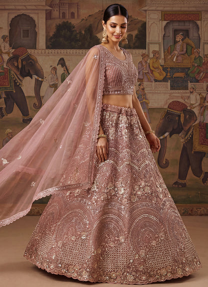 Pink Net Sequins Work Bridal Wear Lehenga Choli SW636099