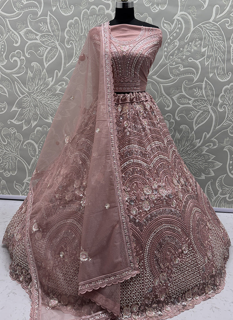 Pink Net Sequins Work Bridal Wear Lehenga Choli SW636099