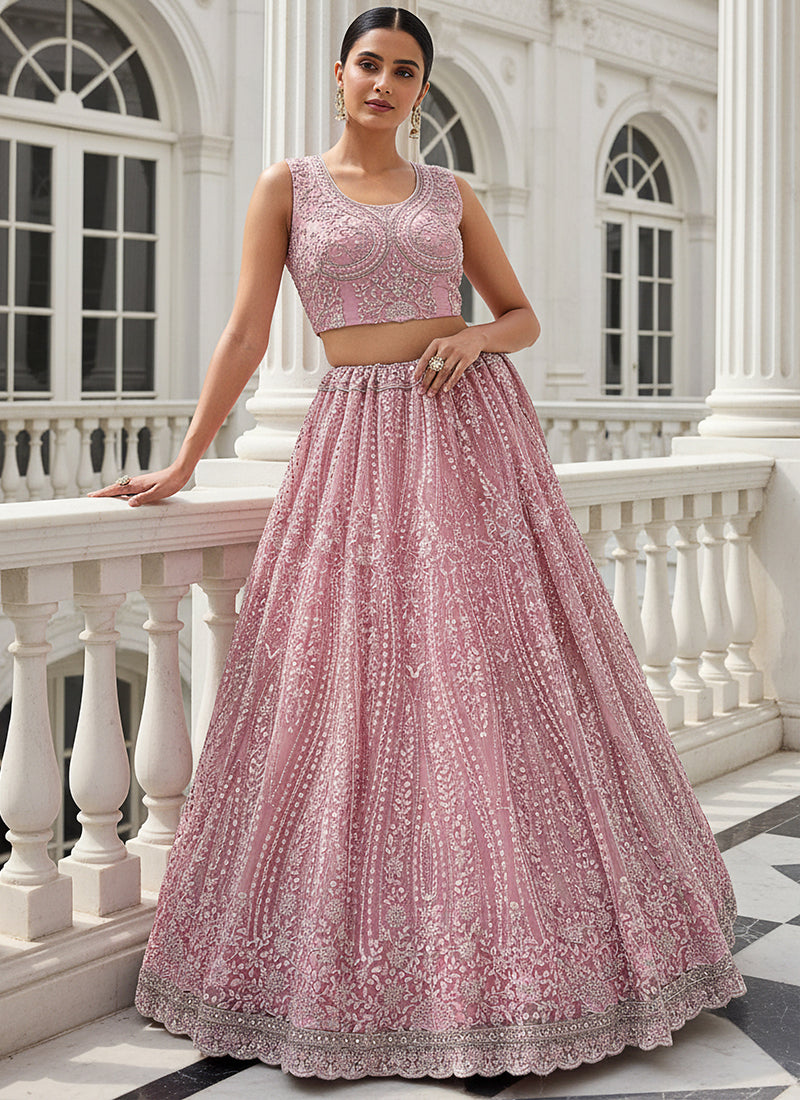 Net Pink Wedding Wear Embroidery Work Lehenga Choli 387447