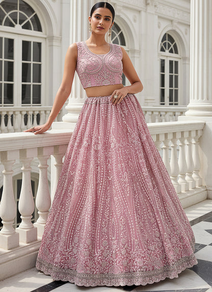 Net Pink Wedding Wear Embroidery Work Lehenga Choli 387447