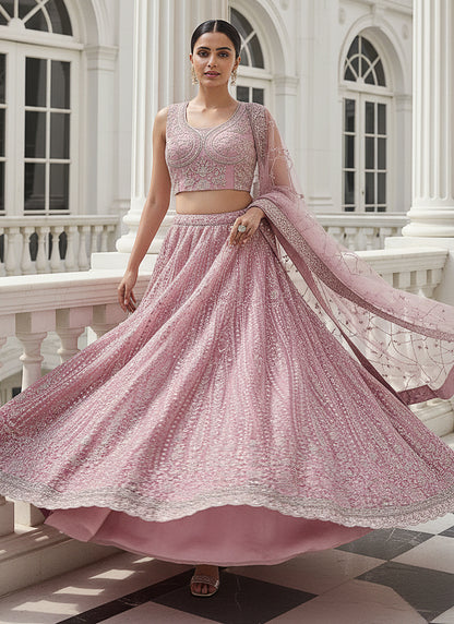 Net Pink Wedding Wear Embroidery Work Lehenga Choli 387447